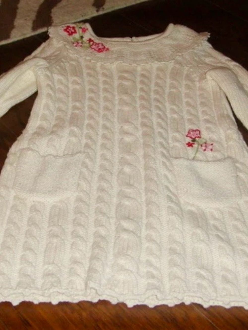 Hanna Andersson Cream Cable-Knit Sweater with Pink Floral Embroidery